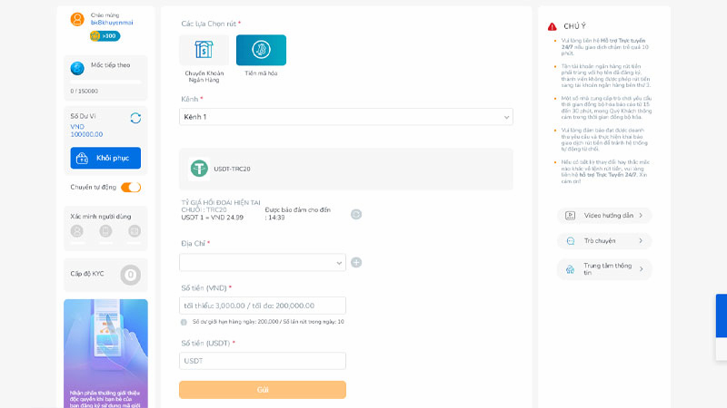 Rút tiền BK8 Về tài khoản Crypto